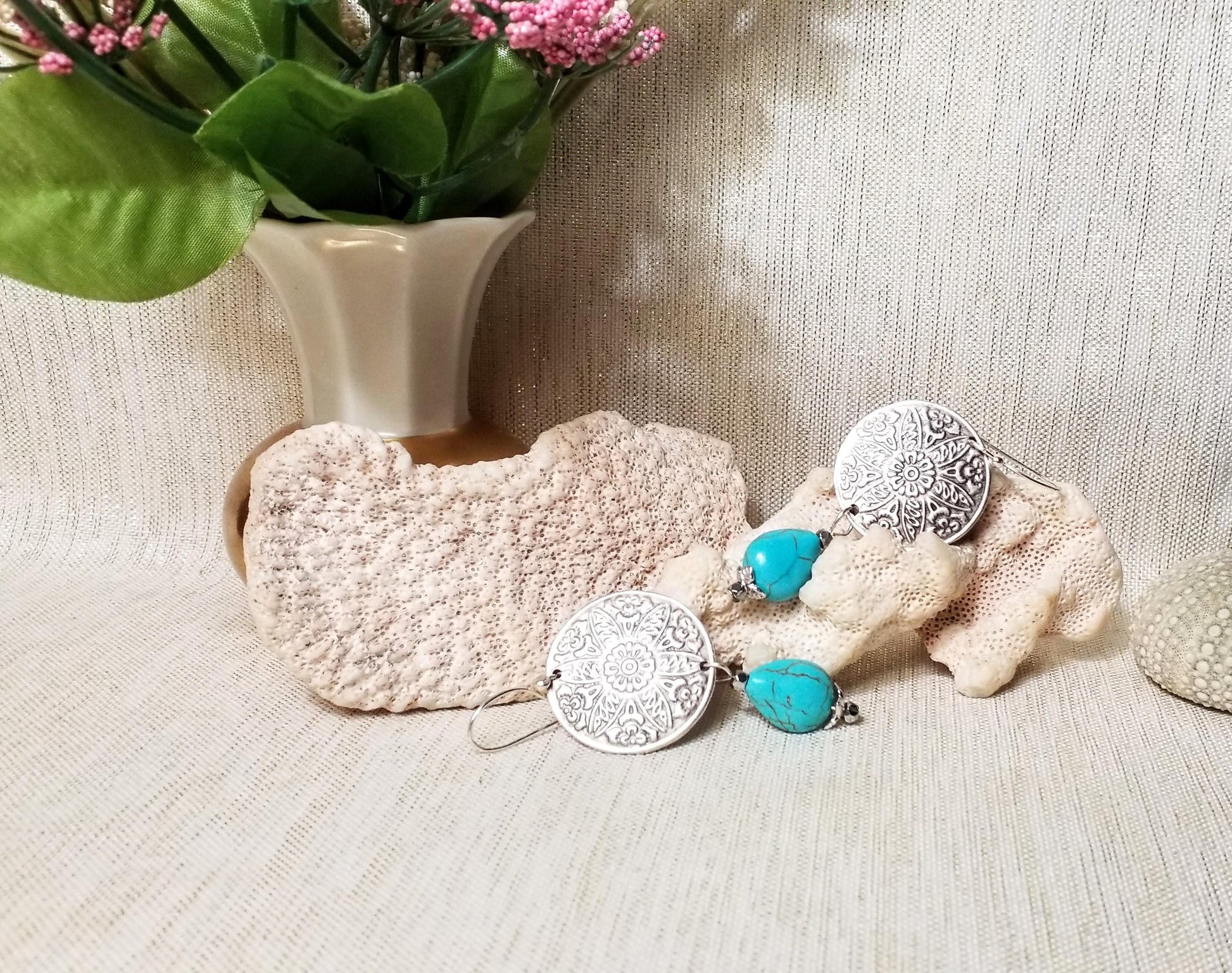 Handcrafted Turquoise Earrings, Silverplated Medallion French Earwires Always FREE Domestic SHIPPING