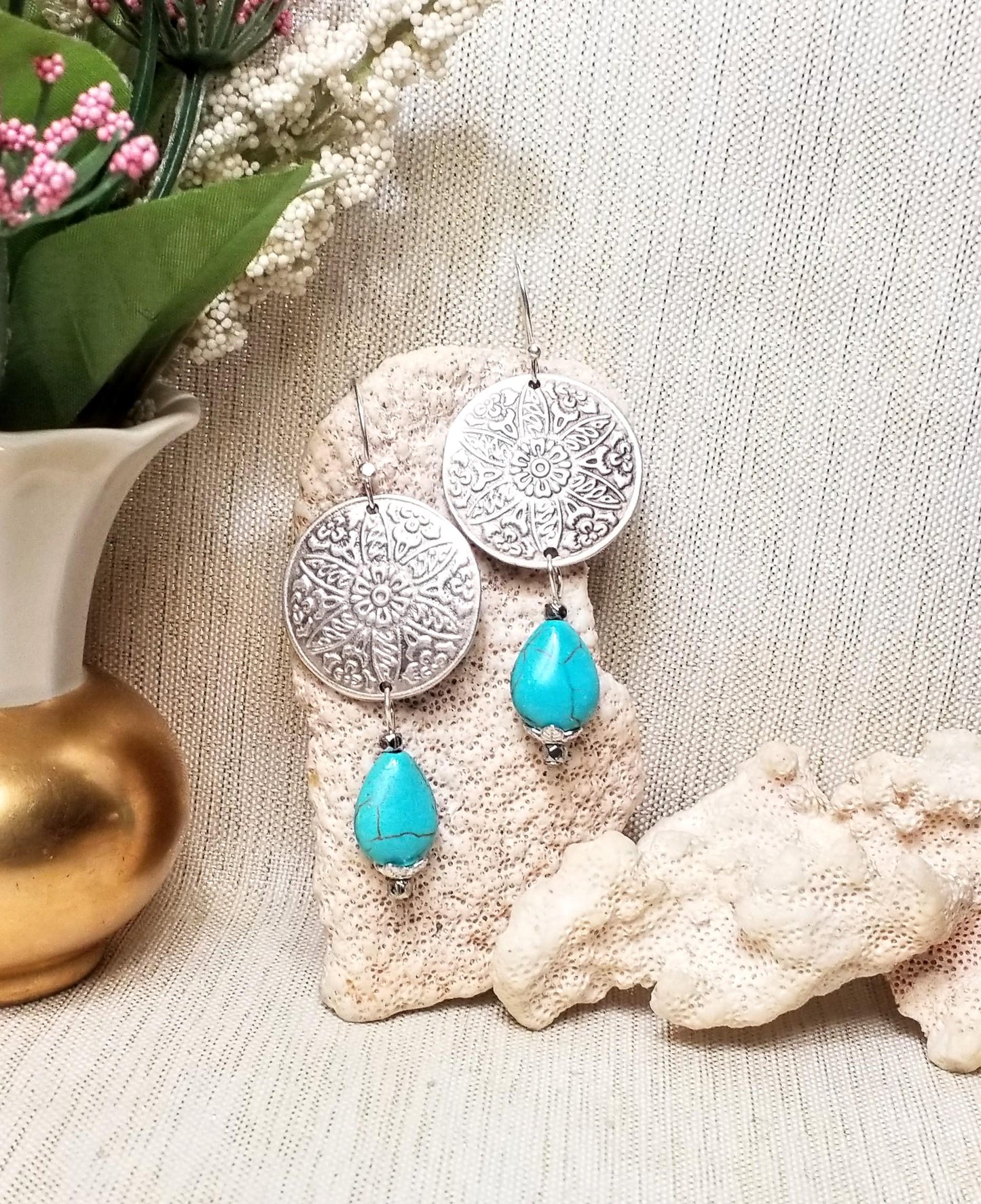 Handcrafted Turquoise Earrings, Silverplated Medallion French Earwires Always FREE Domestic SHIPPING