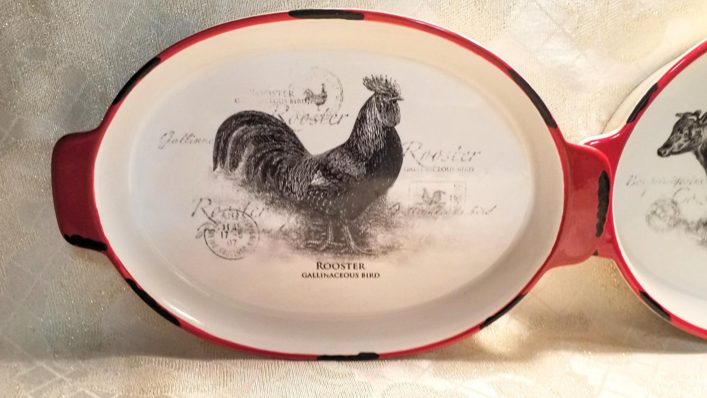 Farmhouse Casserole Dishes: Rooster and Cow Decor, Red & Black Trim