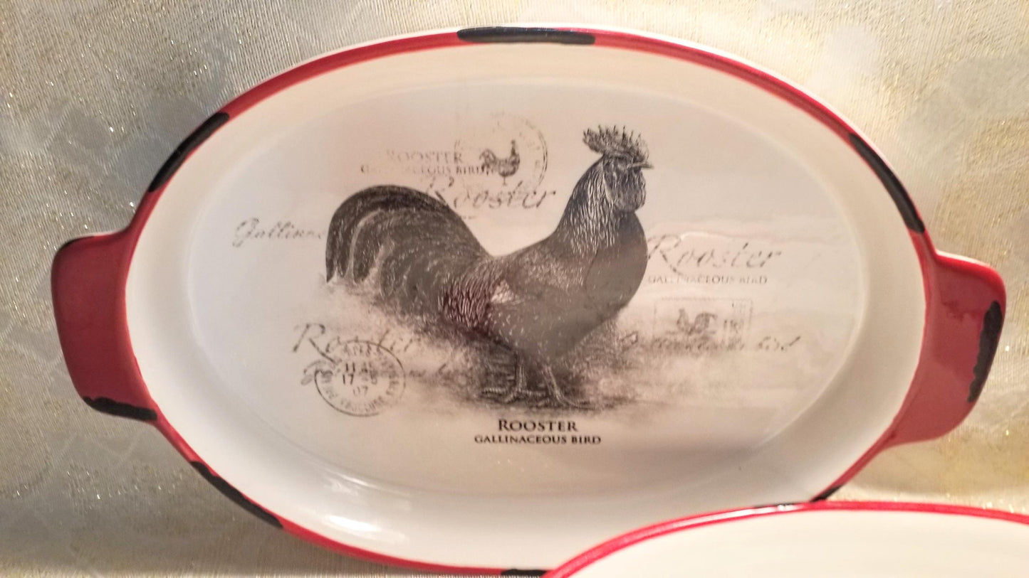 Farmhouse Casserole Dishes: Rooster and Cow Decor, Red & Black Trim