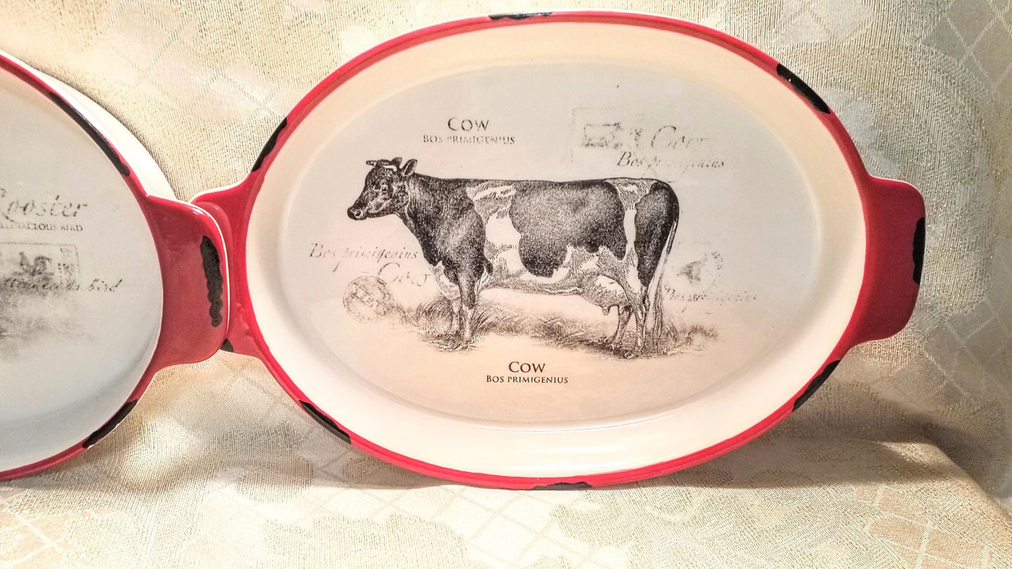 Farmhouse Casserole Dishes: Rooster and Cow Decor, Red & Black Trim