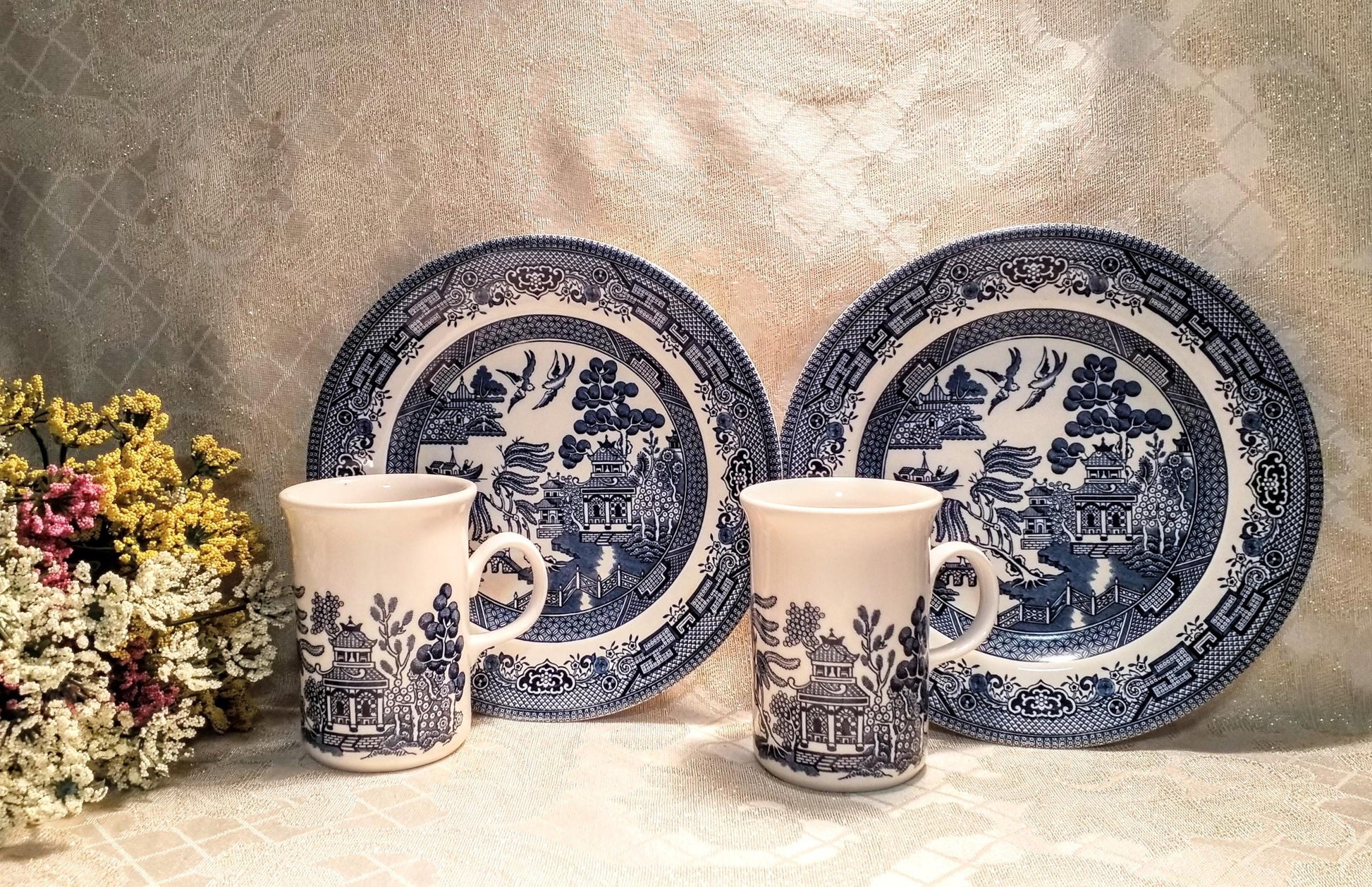 Vintage Churchill Blue Willow Set, England: 2 Mugs & 2 Plates