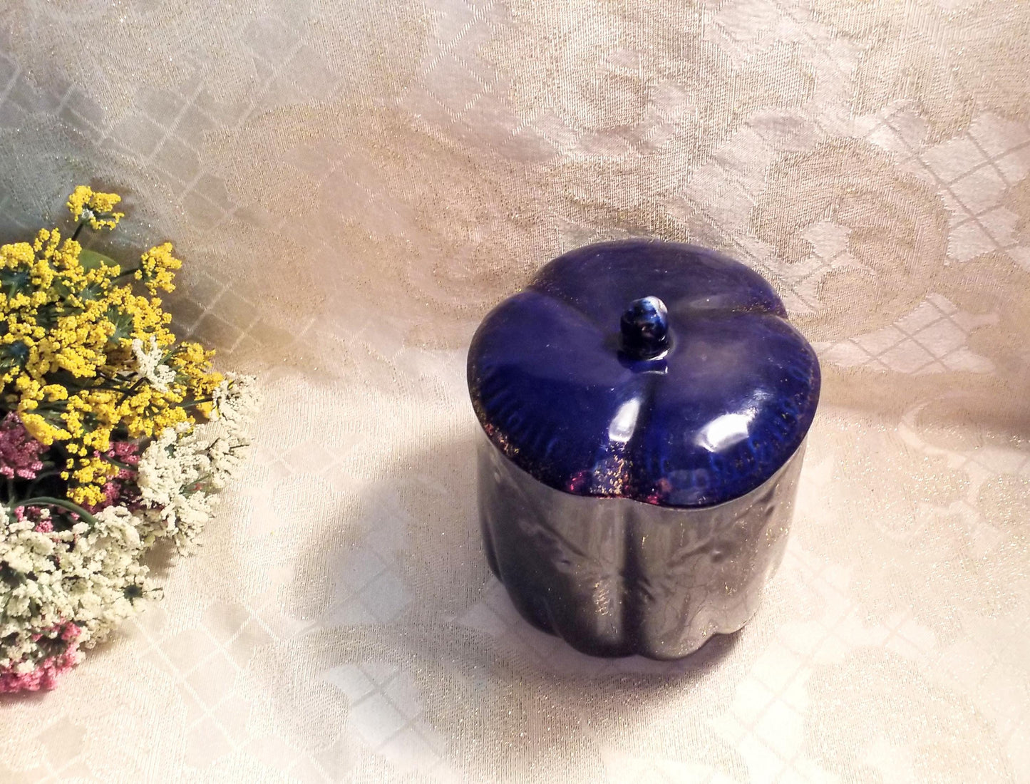 Cobalt Blue Floral Canister with Lid, Golden Glitz Vintage Decor