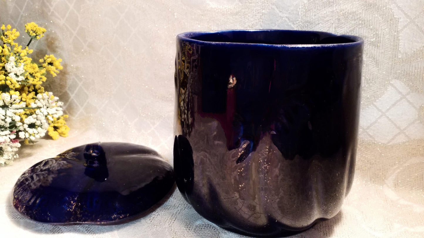 Cobalt Blue Floral Canister with Lid, Golden Glitz Vintage Decor