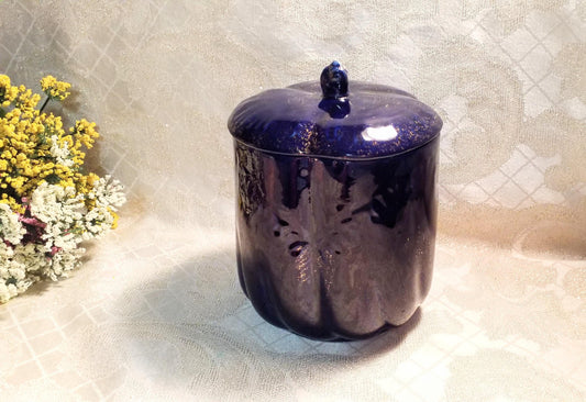 Cobalt Blue Floral Canister with Lid, Golden Glitz Vintage Decor