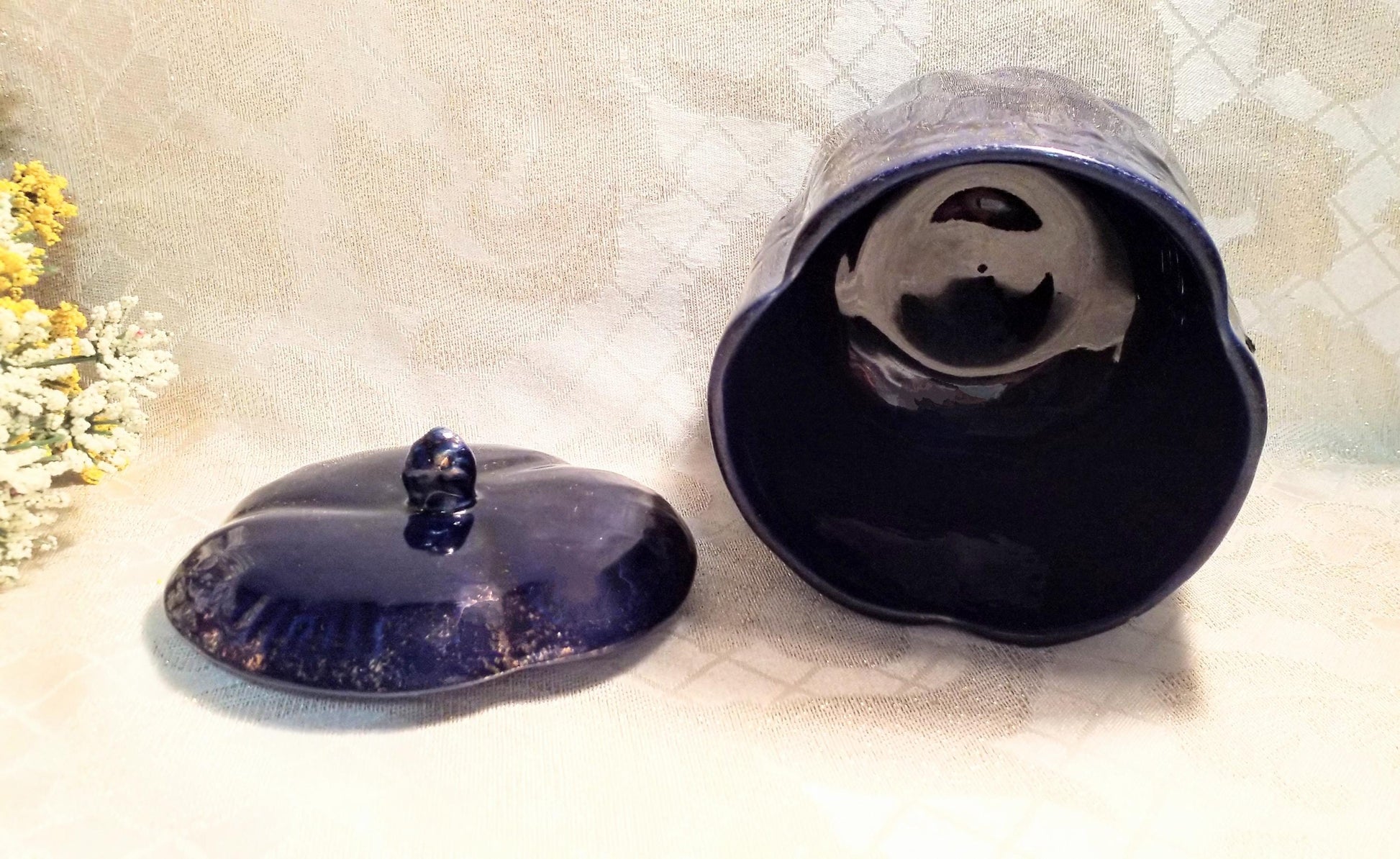 Cobalt Blue Floral Canister with Lid, Golden Glitz Vintage Decor