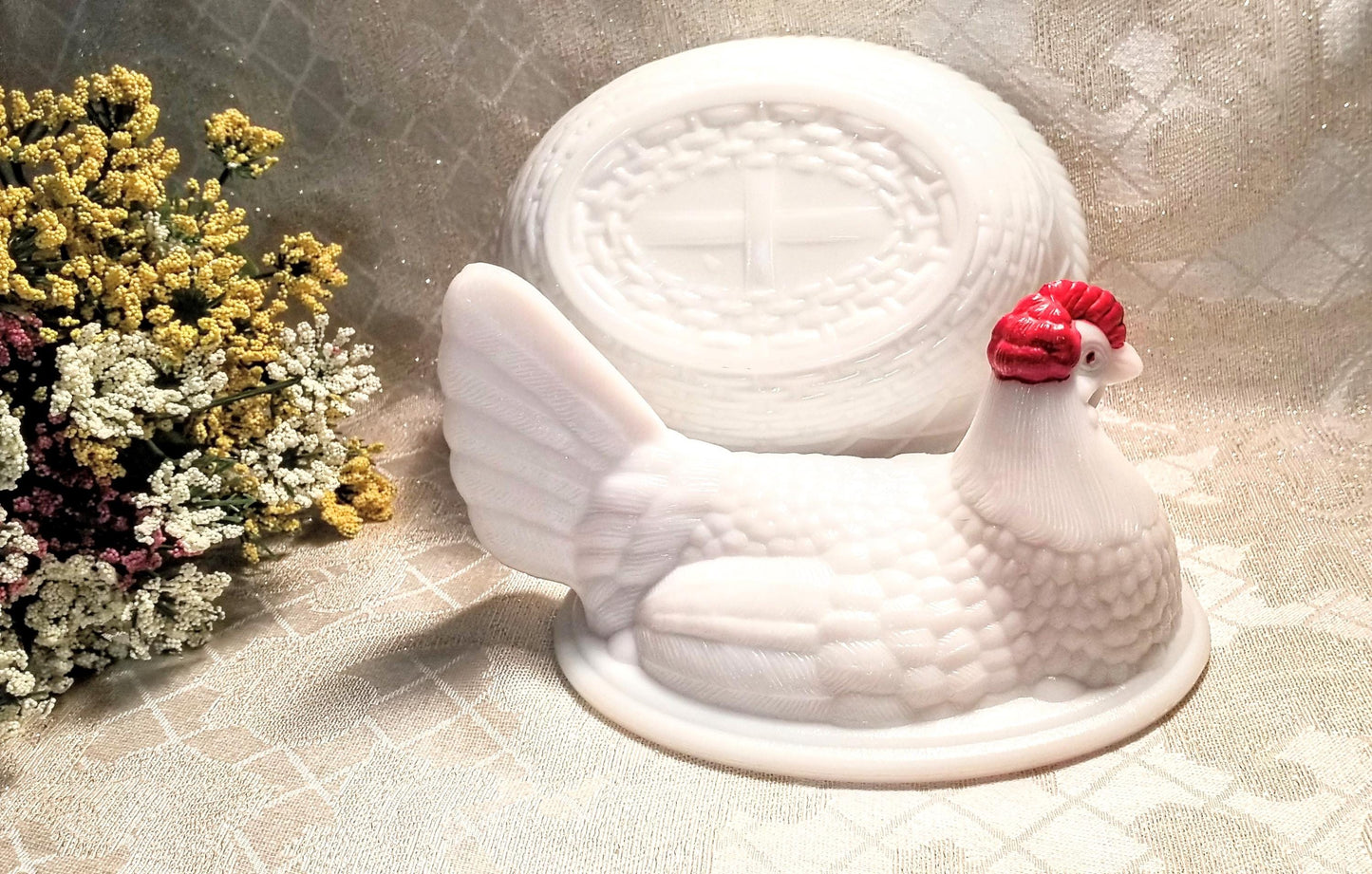 Vintage Westmoreland Milk Glass Hen on Basket, Farmhouse Decor