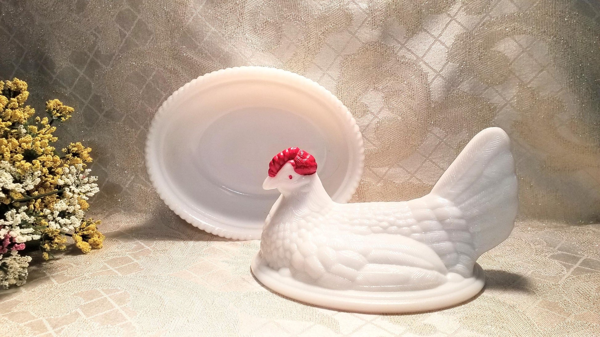 Vintage Westmoreland Milk Glass Hen on Basket, Farmhouse Decor