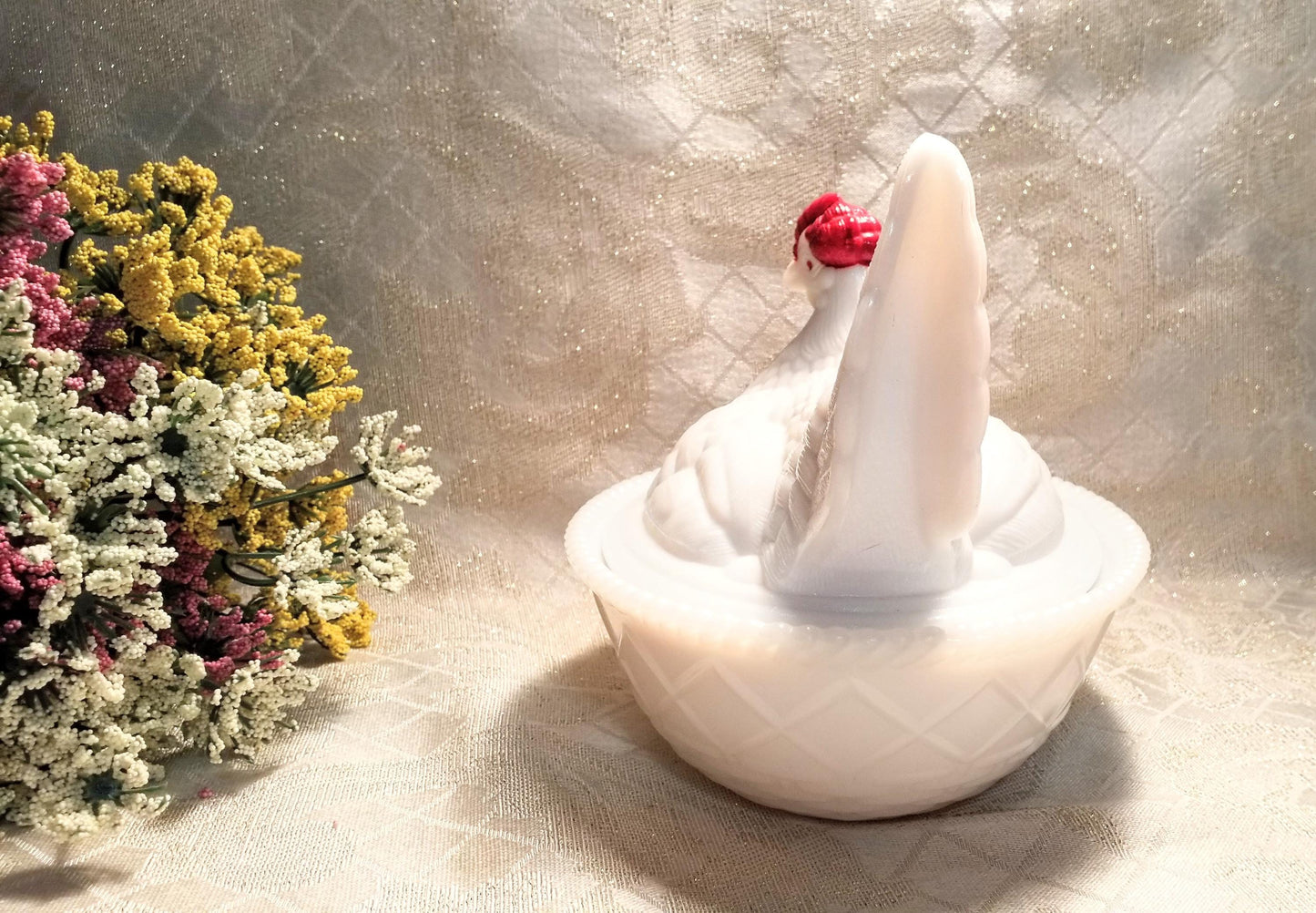 Vintage Westmoreland Milk Glass Hen on Basket, Farmhouse Decor