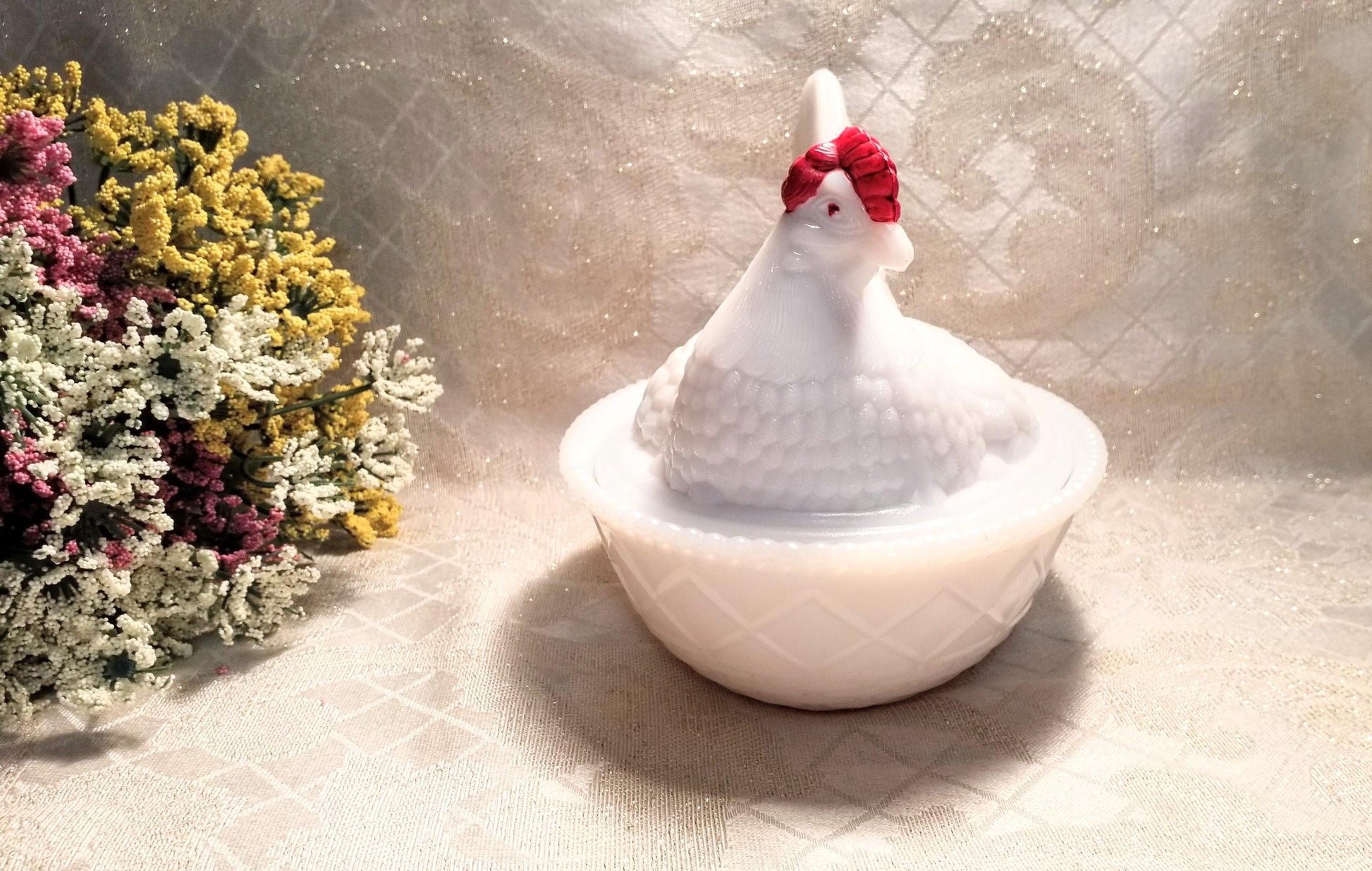 Vintage Westmoreland Milk Glass Hen on Basket, Farmhouse Decor