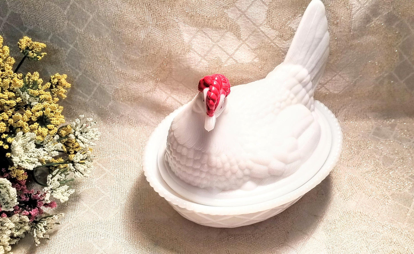 Vintage Westmoreland Milk Glass Hen on Basket, Farmhouse Decor