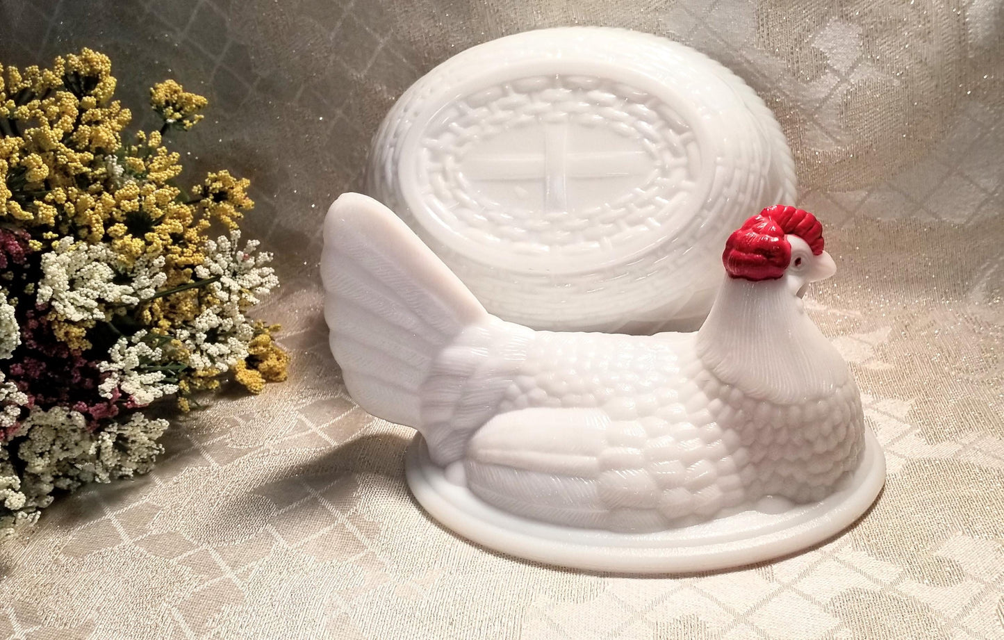 Vintage Westmoreland Milk Glass Hen on Basket, Farmhouse Decor
