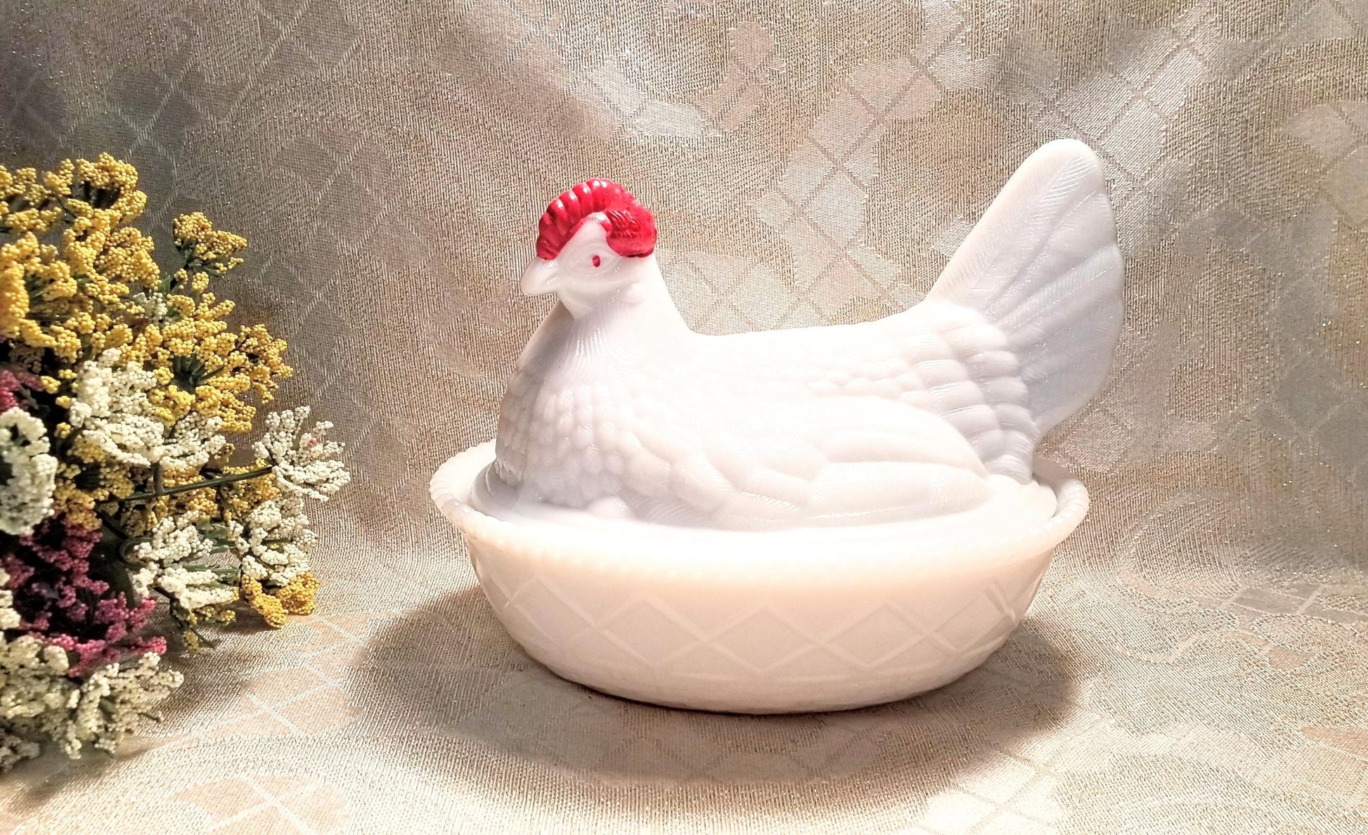 Vintage Westmoreland Milk Glass Hen on Basket, Farmhouse Decor