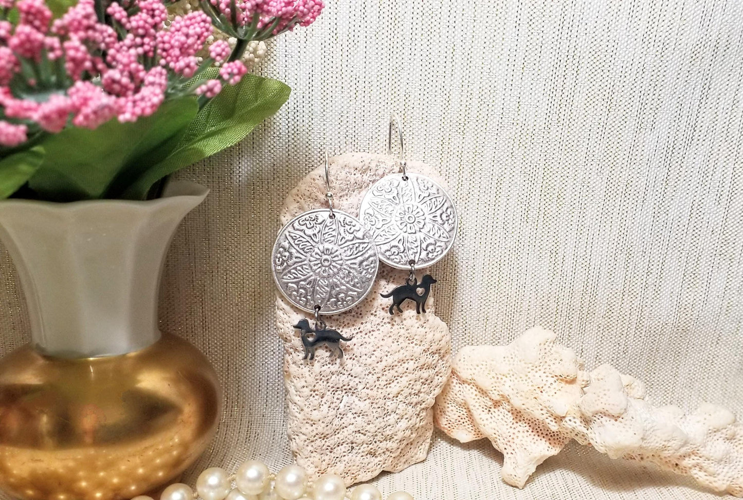 Handcrafted Dog Earrings, Artisan Silver Medallion Pet Jewelry