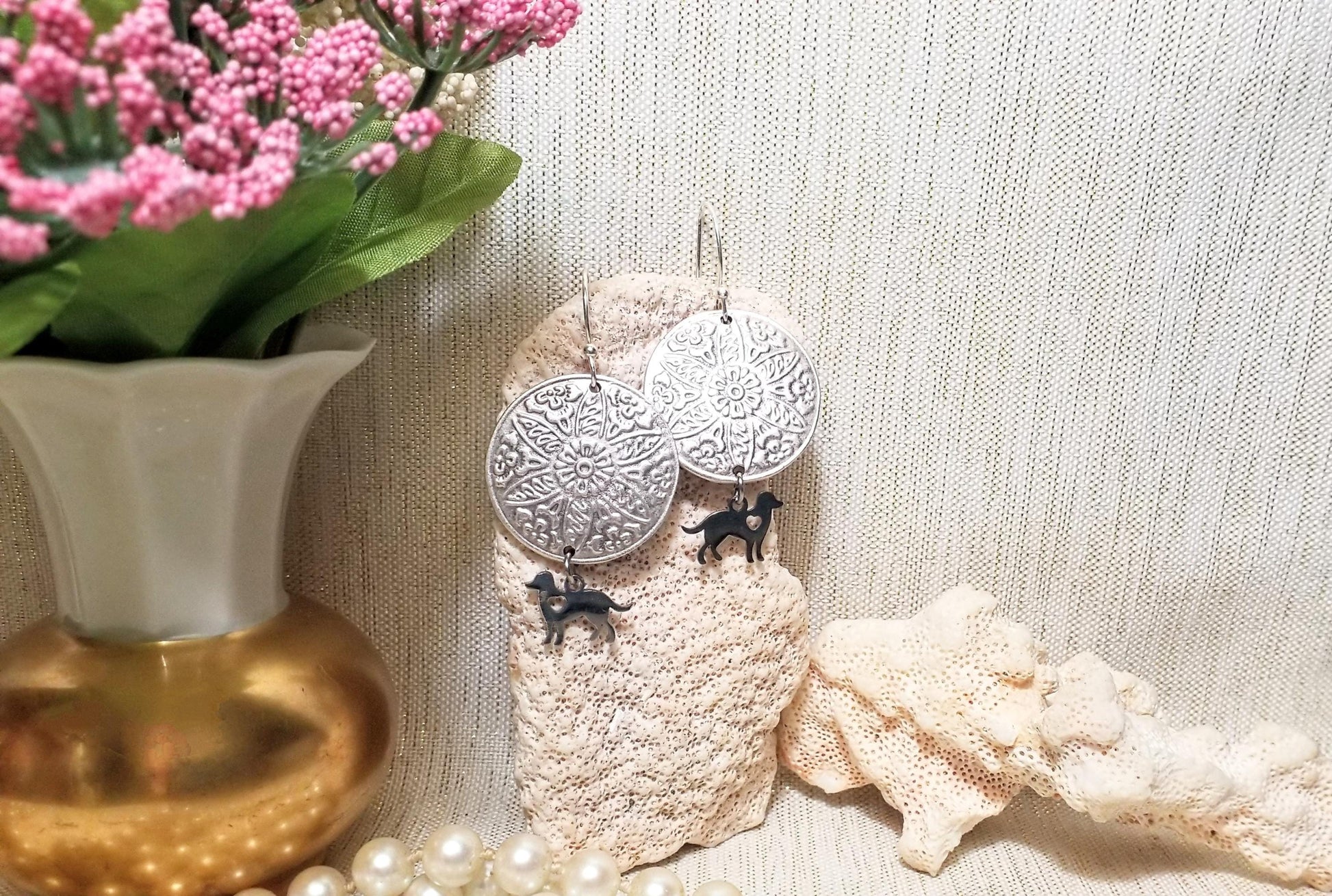 Handcrafted Dog Earrings, Artisan Silver Medallion Pet Jewelry