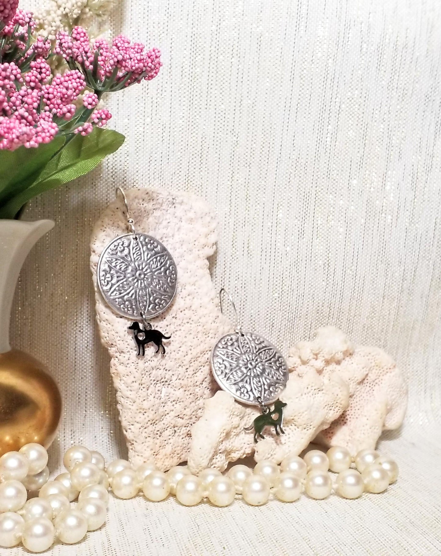 Handcrafted Dog Earrings, Artisan Silver Medallion Pet Jewelry