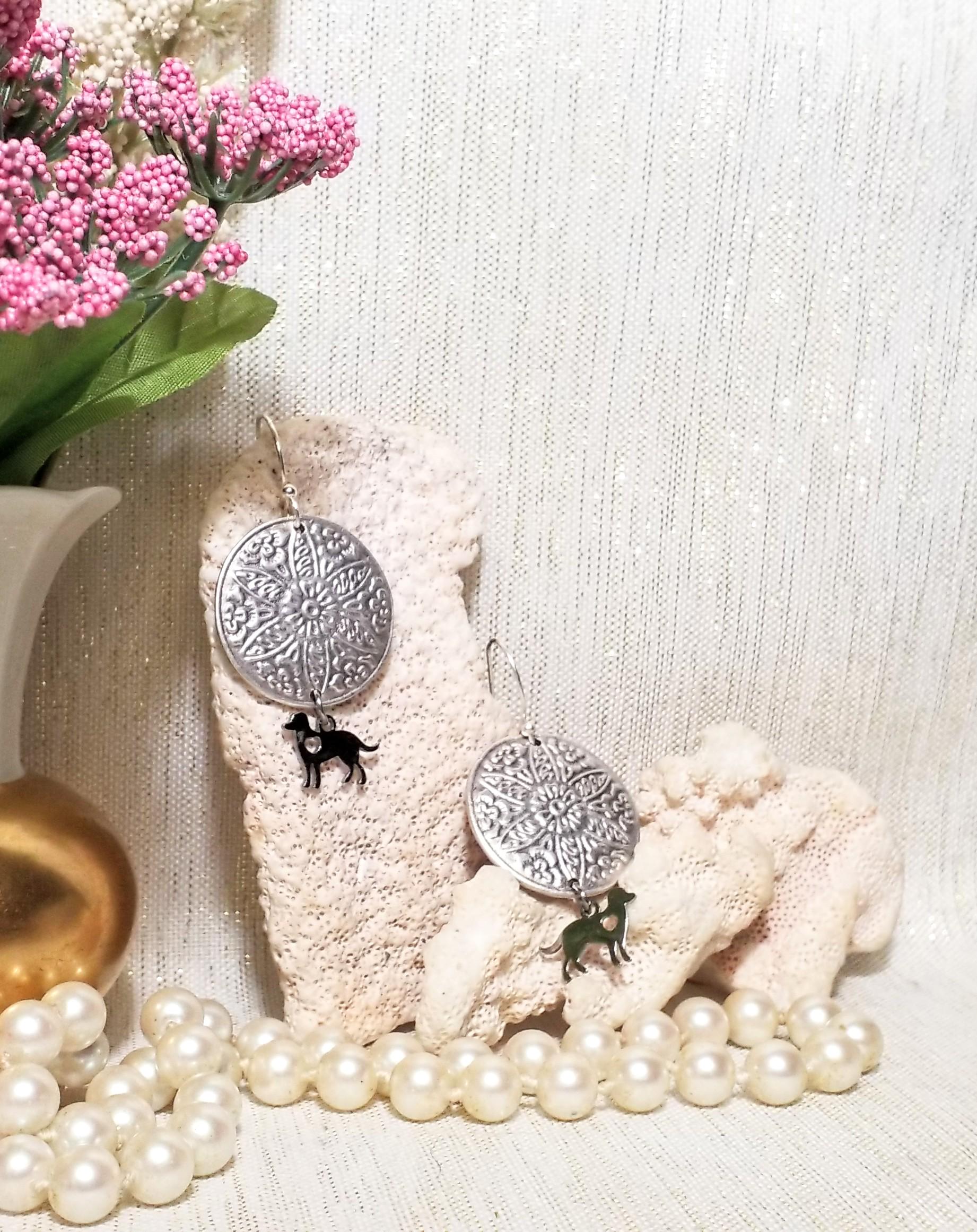 Handcrafted Dog Earrings, Artisan Silver Medallion Pet Jewelry