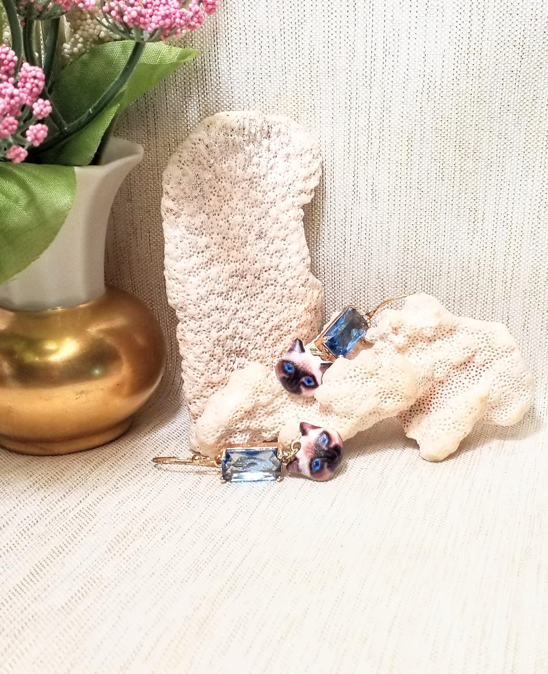 Handcrafted Siamese Kitten Earrings: Elegant Blue Crystal, 18k Gold Plated