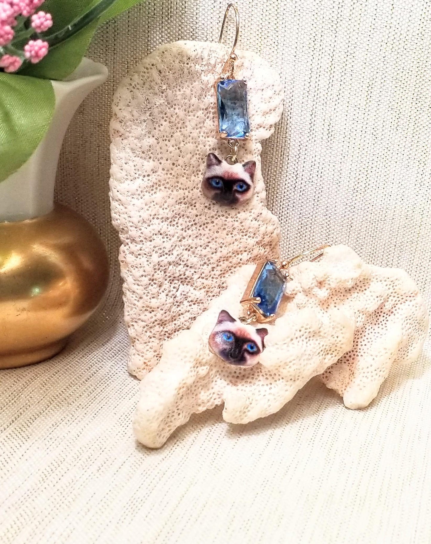 Handcrafted Siamese Kitten Earrings: Elegant Blue Crystal, 18k Gold Plated