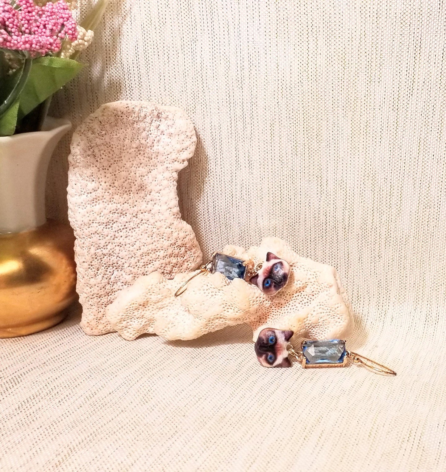 Handcrafted Siamese Kitten Earrings: Elegant Blue Crystal, 18k Gold Plated