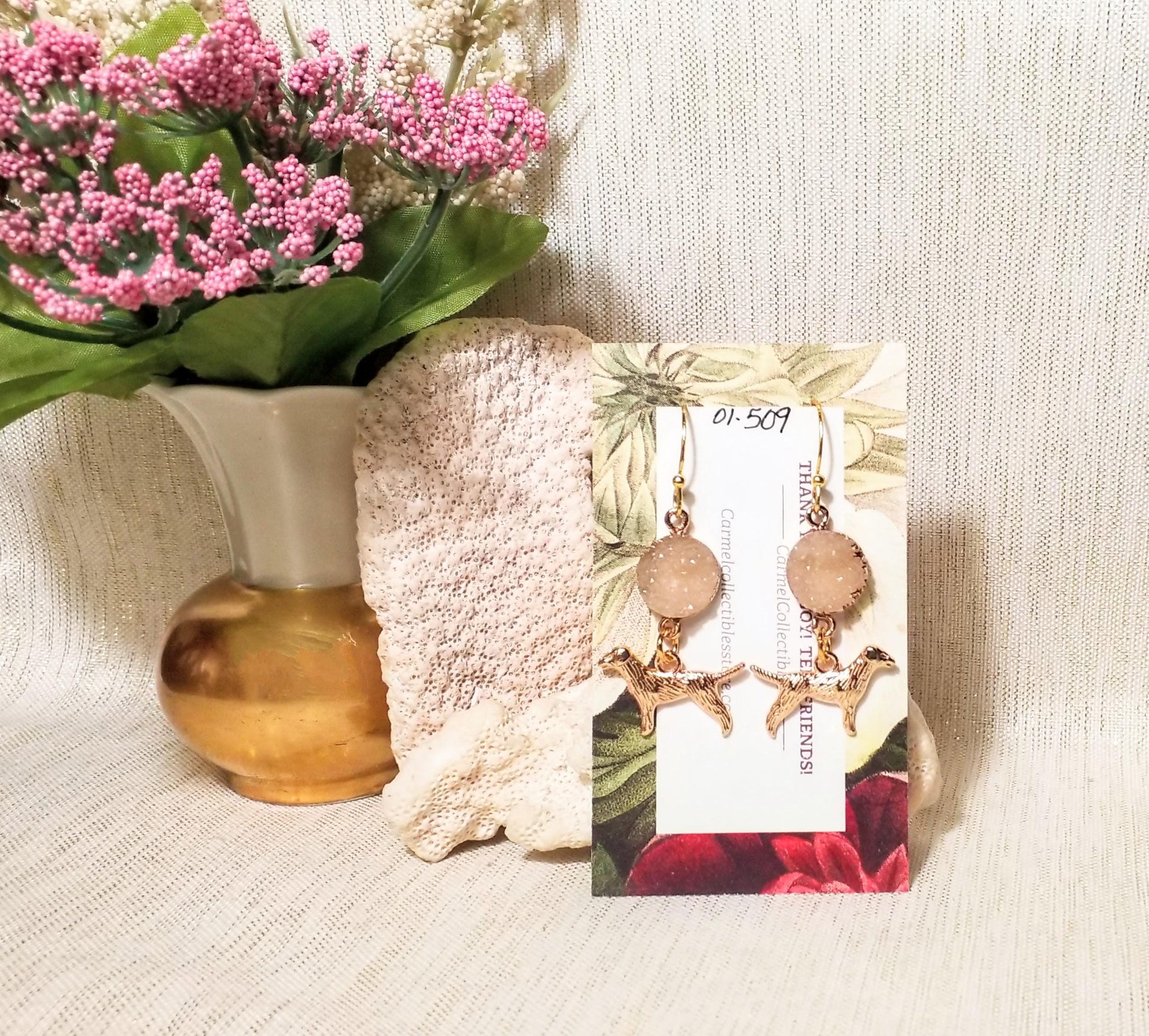 Handcrafted Golden Retriever Earrings, Faux Druzzy Charms