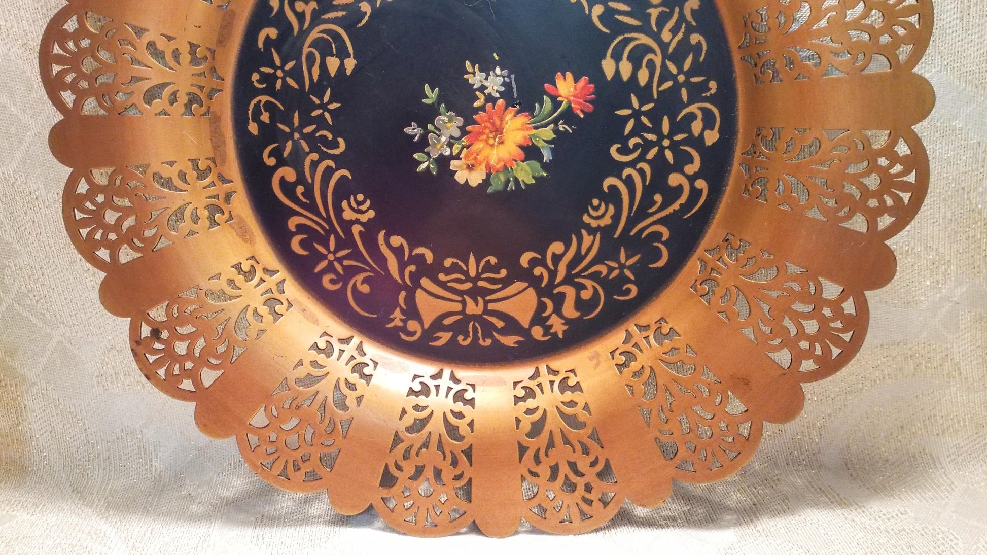 Vintage Metal Plate, Floral Filigree Design, 10-inch Wide