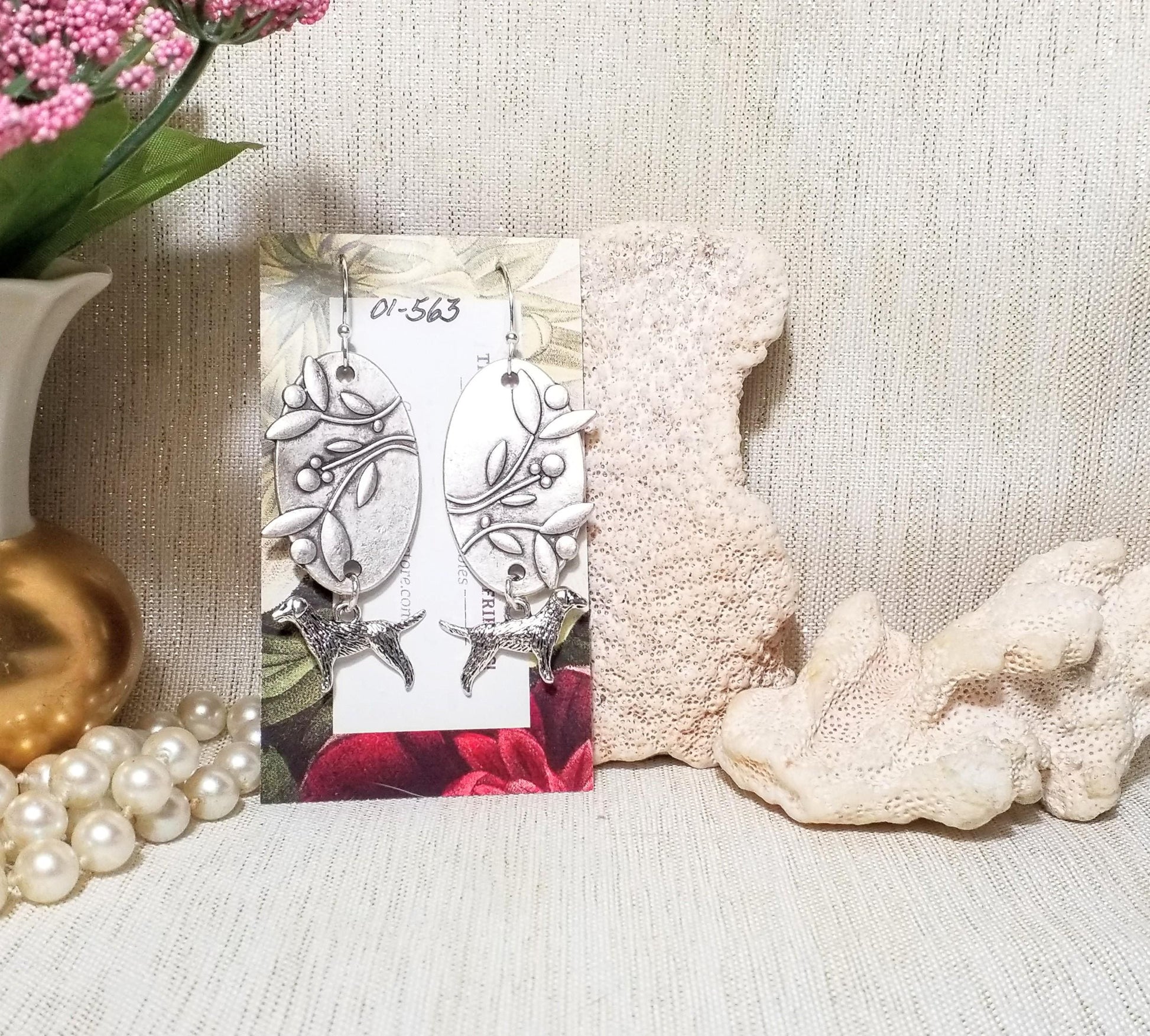 Floral Earrings with Silver Dog Charm, Gift for Pet Lover