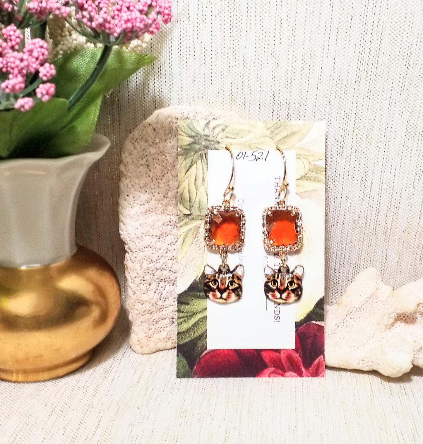 Handcrafted Kitten Earrings: Topaz Crystal, Goldplated Earwires