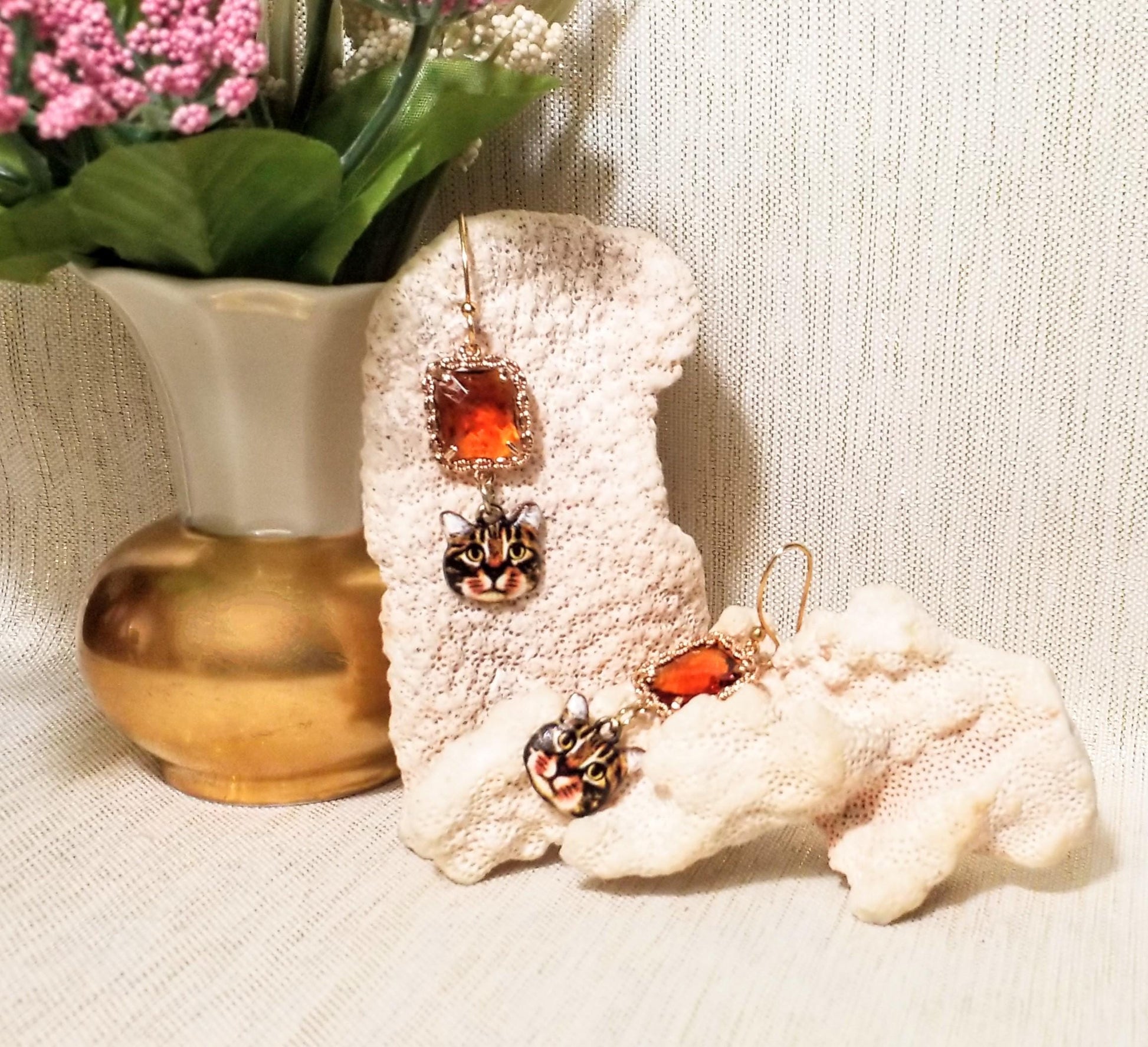 Handcrafted Kitten Earrings: Topaz Crystal, Goldplated Earwires