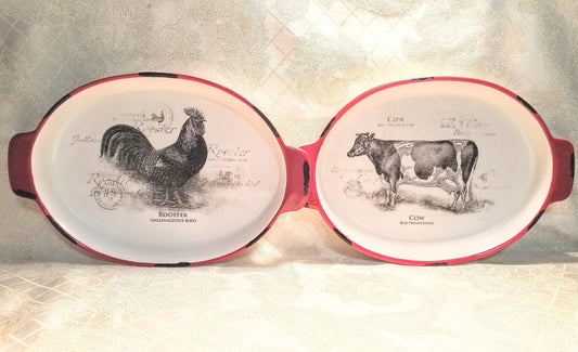 Farmhouse Casserole Dishes: Rooster and Cow Decor, Red & Black Trim