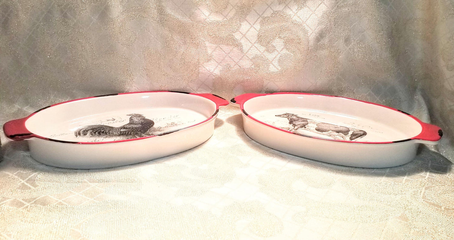 Farmhouse Casserole Dishes: Rooster and Cow Decor, Red & Black Trim