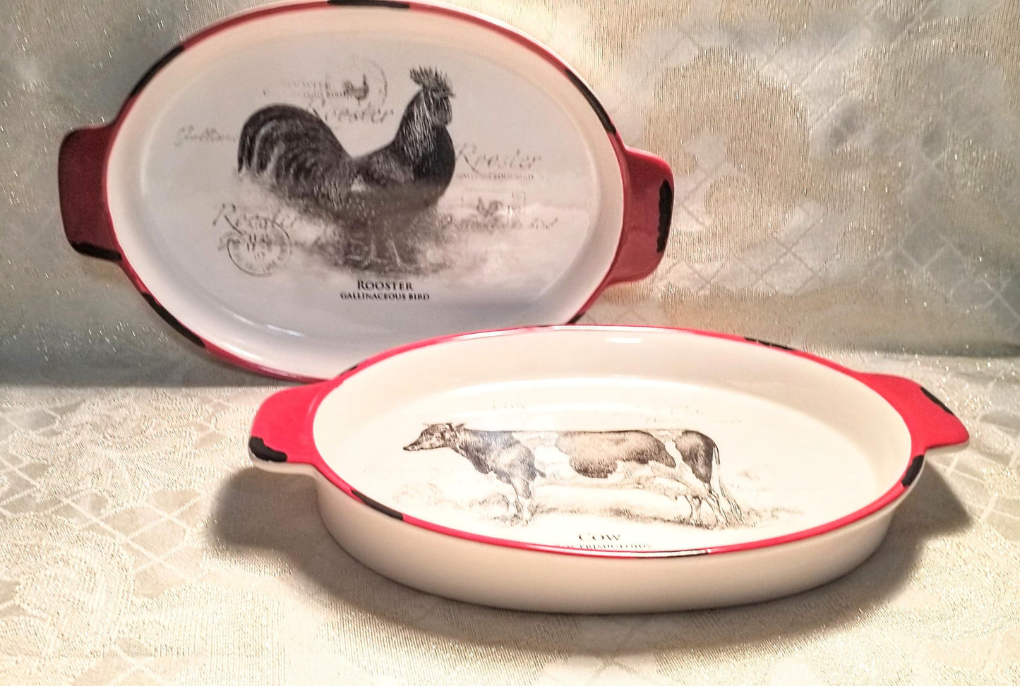 Farmhouse Casserole Dishes: Rooster and Cow Decor, Red & Black Trim