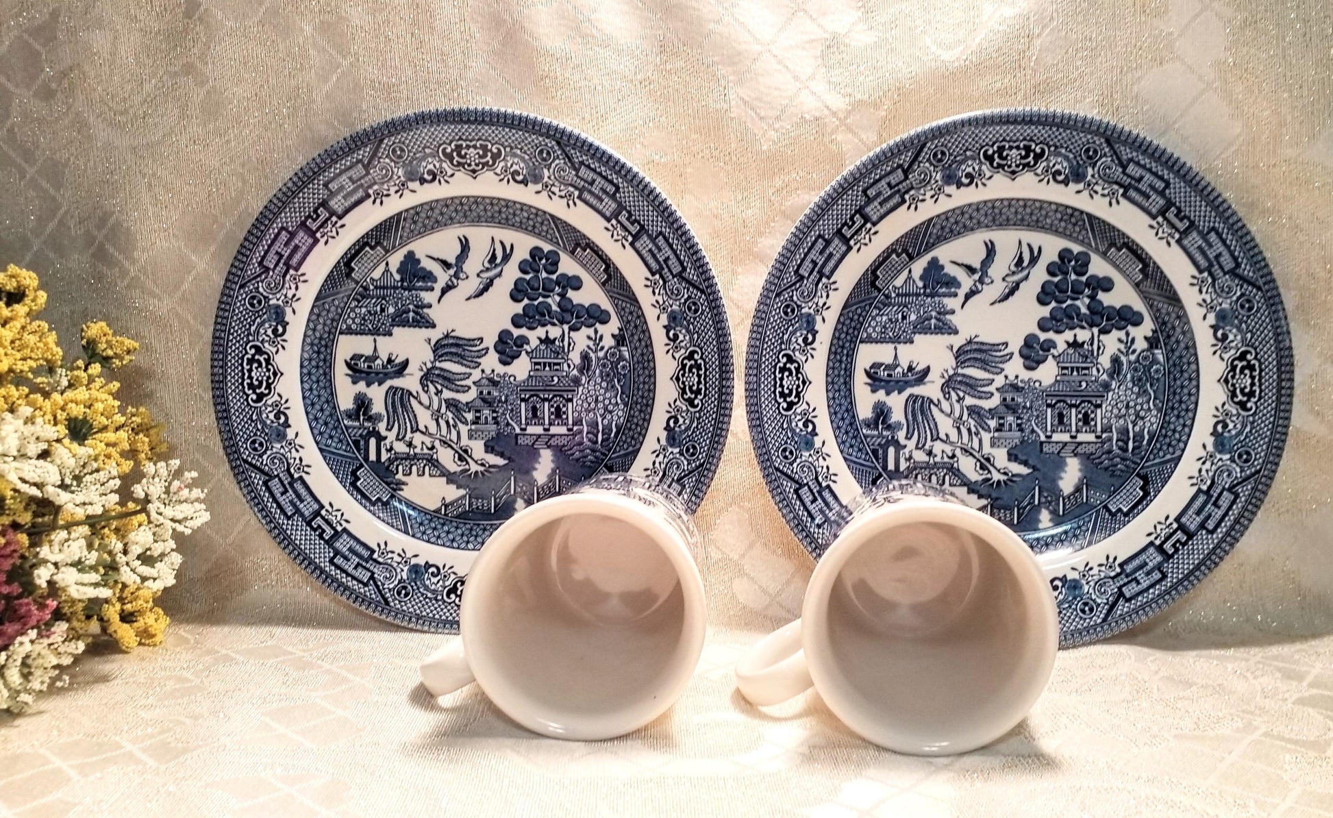 Vintage Churchill Blue Willow Set, England: 2 Mugs & 2 Plates