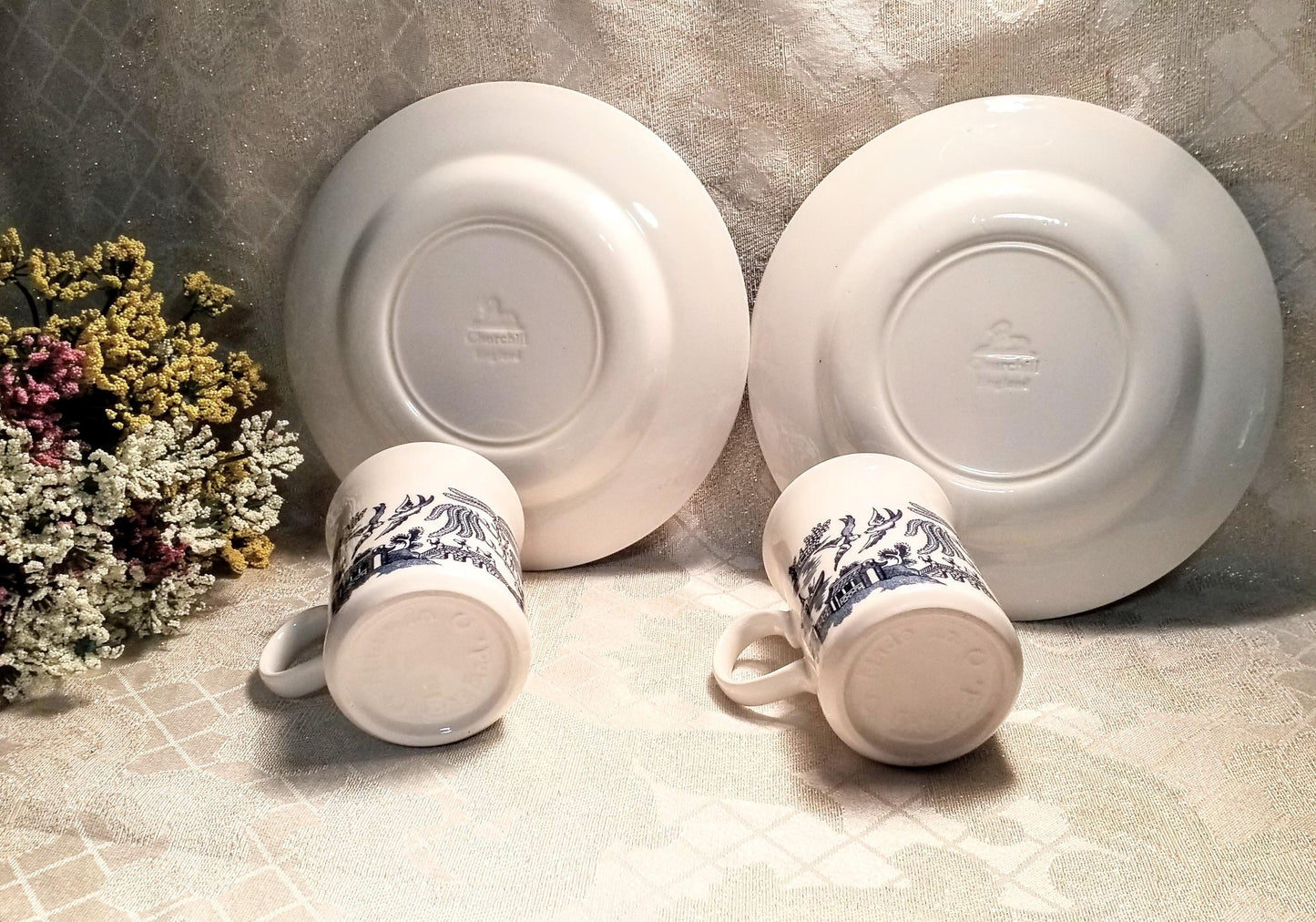 Vintage Churchill Blue Willow Set, England: 2 Mugs & 2 Plates