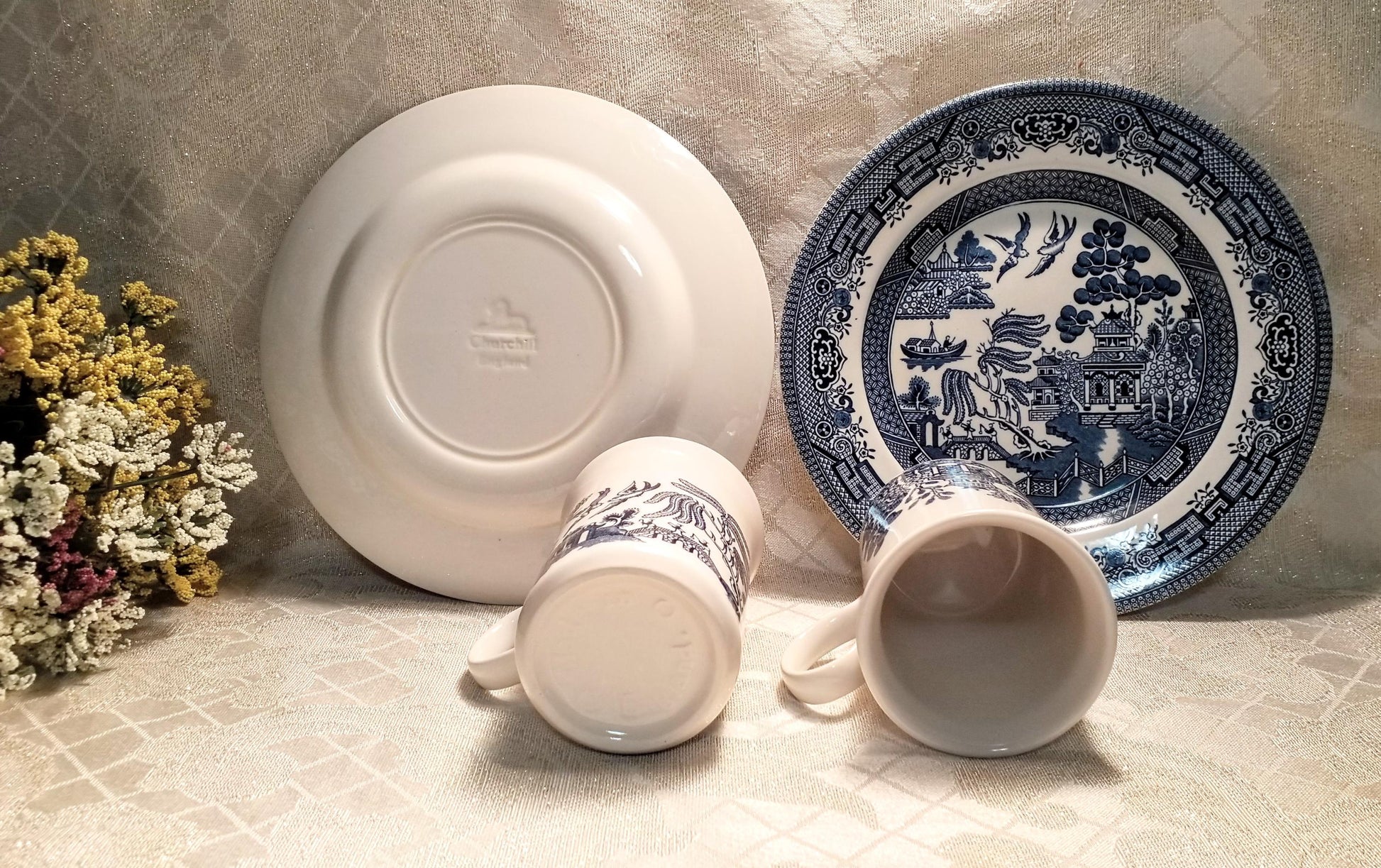 Vintage Churchill Blue Willow Set, England: 2 Mugs & 2 Plates