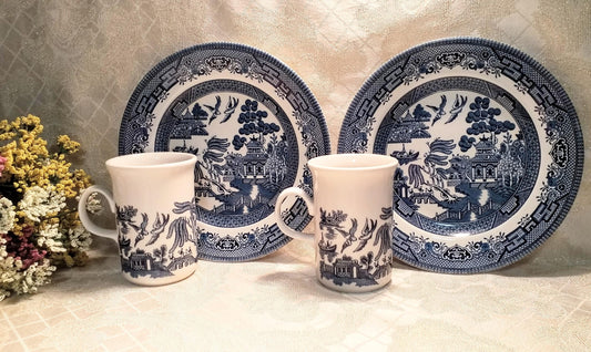 Vintage Churchill Blue Willow Set, England: 2 Mugs & 2 Plates