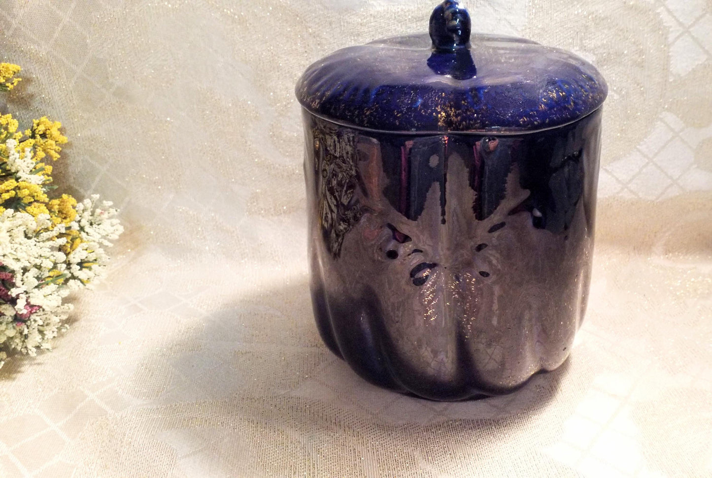 Cobalt Blue Floral Canister with Lid, Golden Glitz Vintage Decor