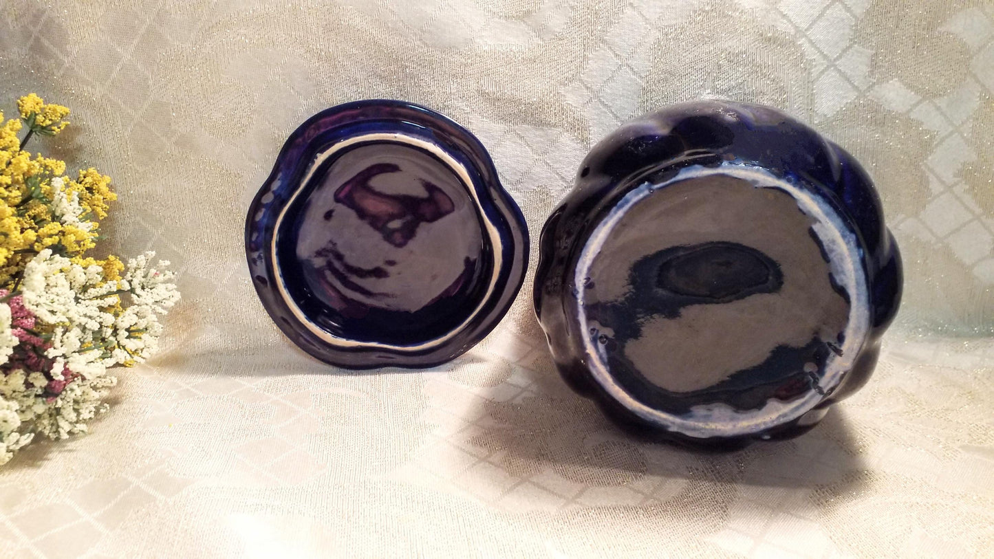 Cobalt Blue Floral Canister with Lid, Golden Glitz Vintage Decor