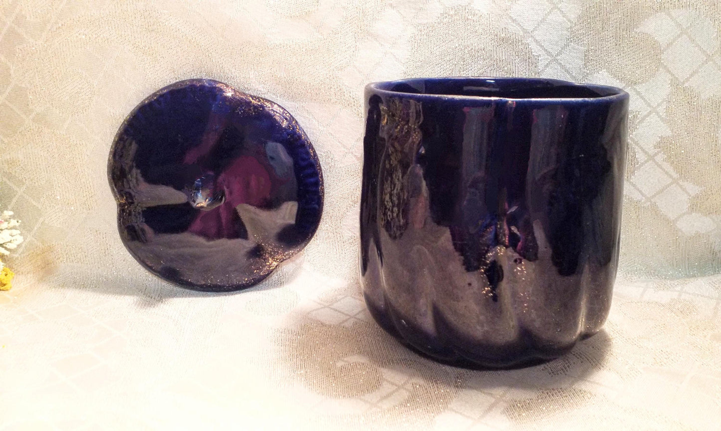 Cobalt Blue Floral Canister with Lid, Golden Glitz Vintage Decor