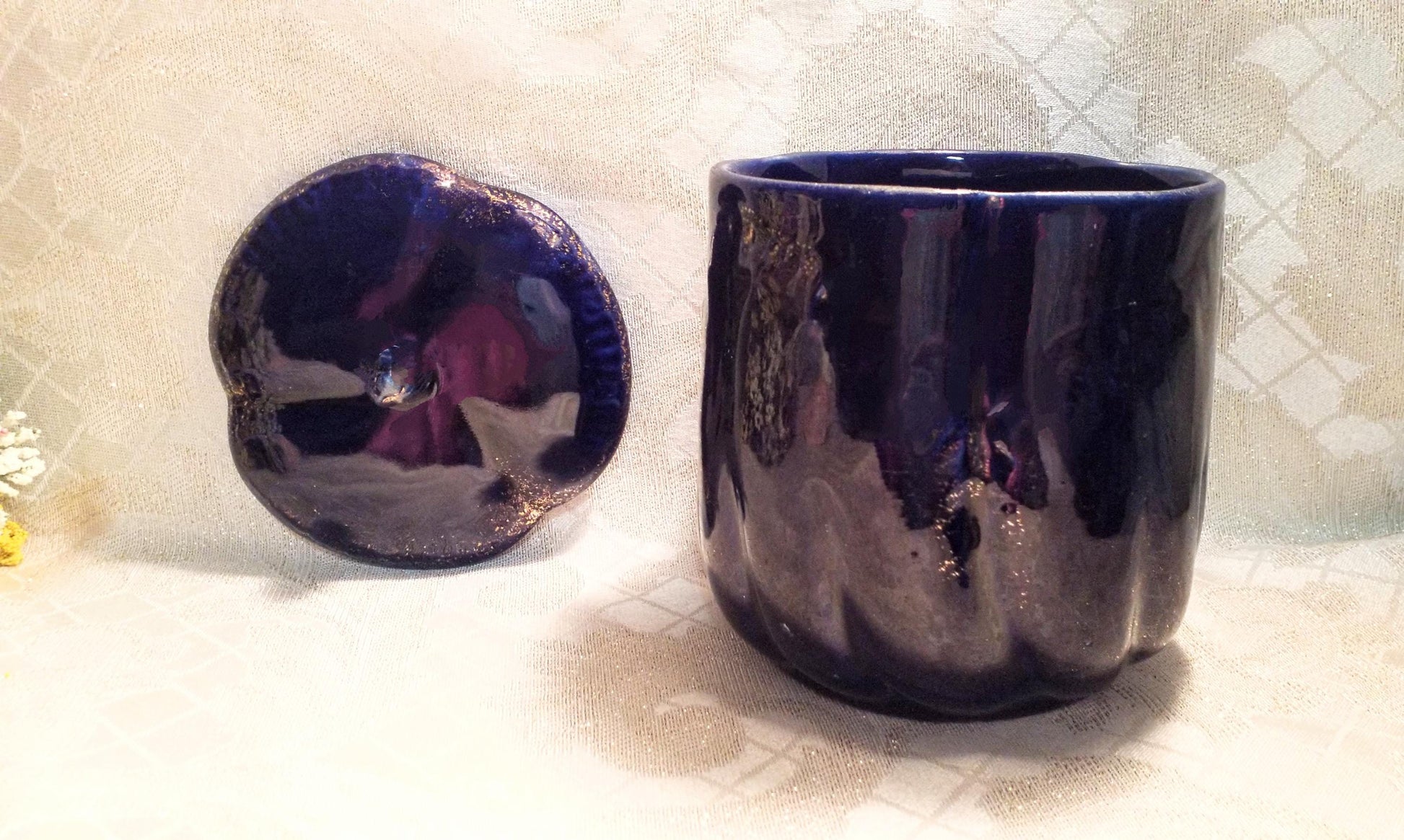 Cobalt Blue Floral Canister with Lid, Golden Glitz Vintage Decor
