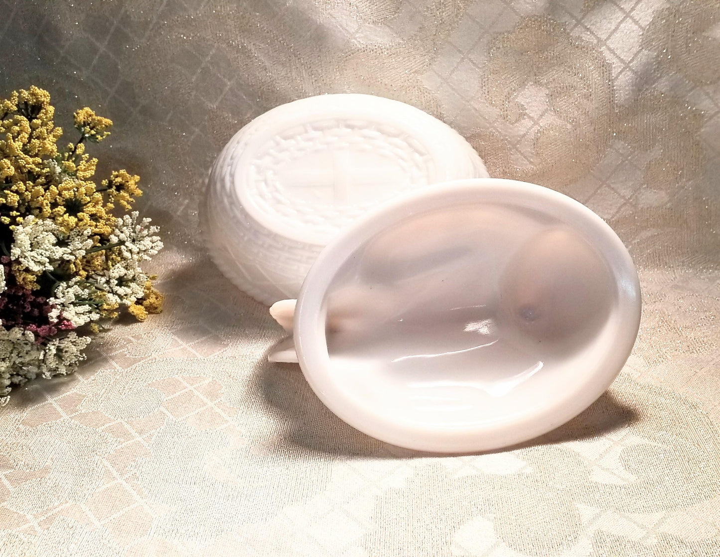 Vintage Westmoreland Milk Glass Hen on Basket, Farmhouse Decor