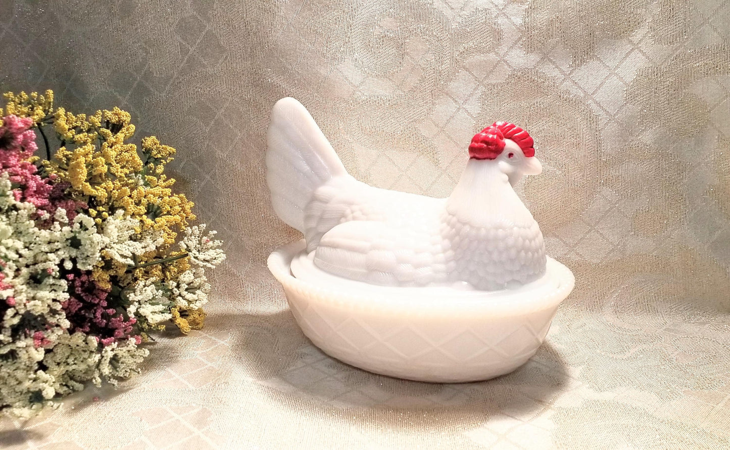 Vintage Westmoreland Milk Glass Hen on Basket, Farmhouse Decor