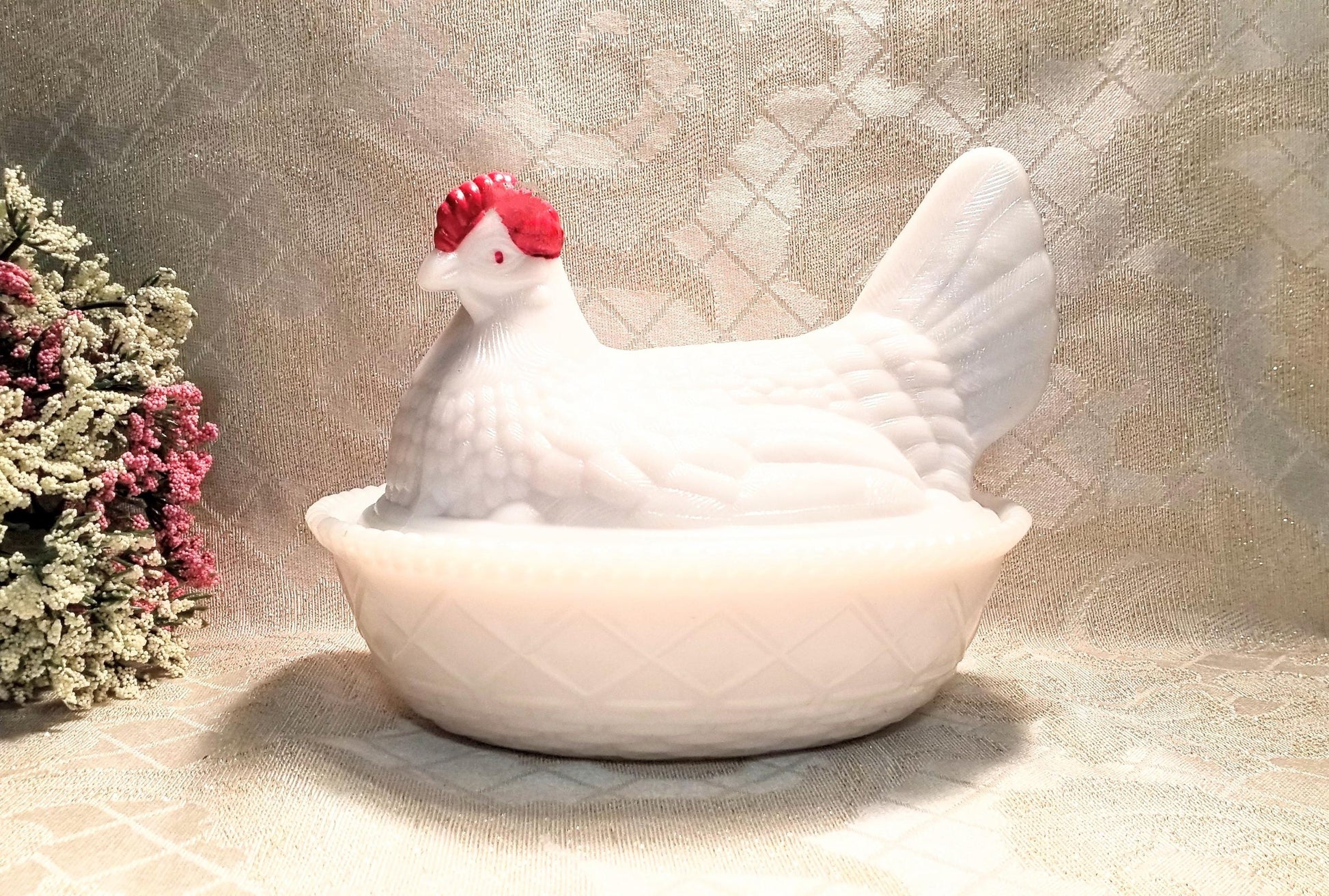 Vintage Westmoreland Milk Glass Hen on Basket, Farmhouse Decor