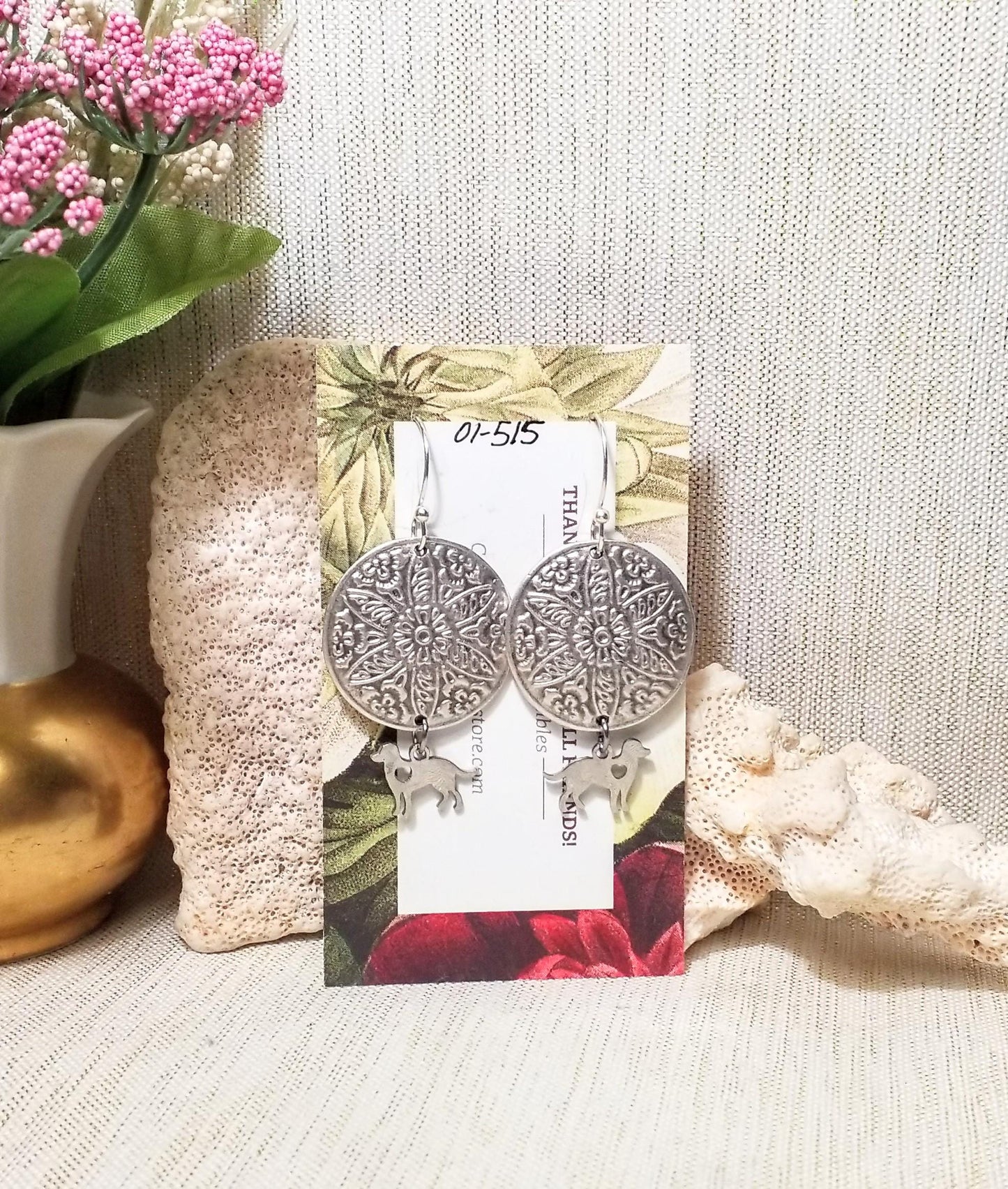 Handcrafted Dog Earrings, Artisan Silver Medallion Pet Jewelry