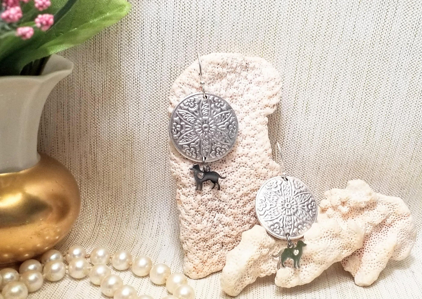 Handcrafted Dog Earrings, Artisan Silver Medallion Pet Jewelry