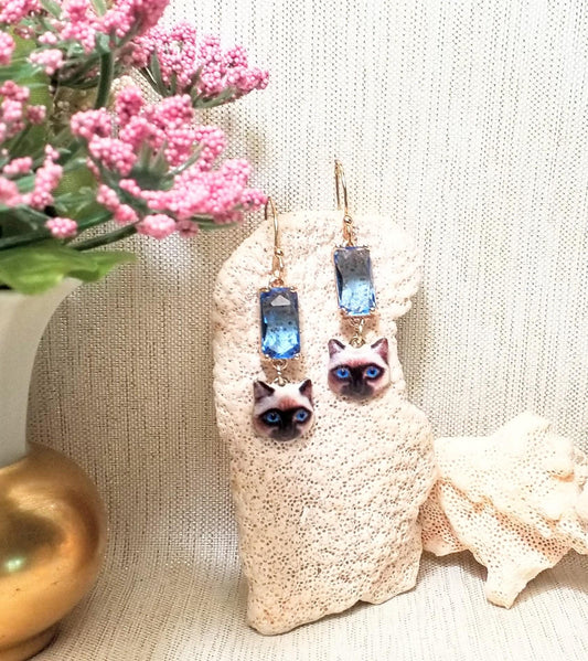 Handcrafted Siamese Kitten Earrings: Elegant Blue Crystal, 18k Gold Plated
