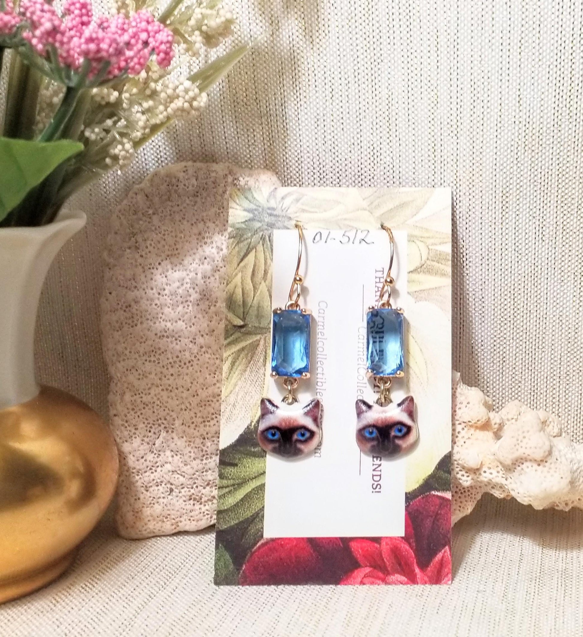 Handcrafted Siamese Kitten Earrings: Elegant Blue Crystal, 18k Gold Plated