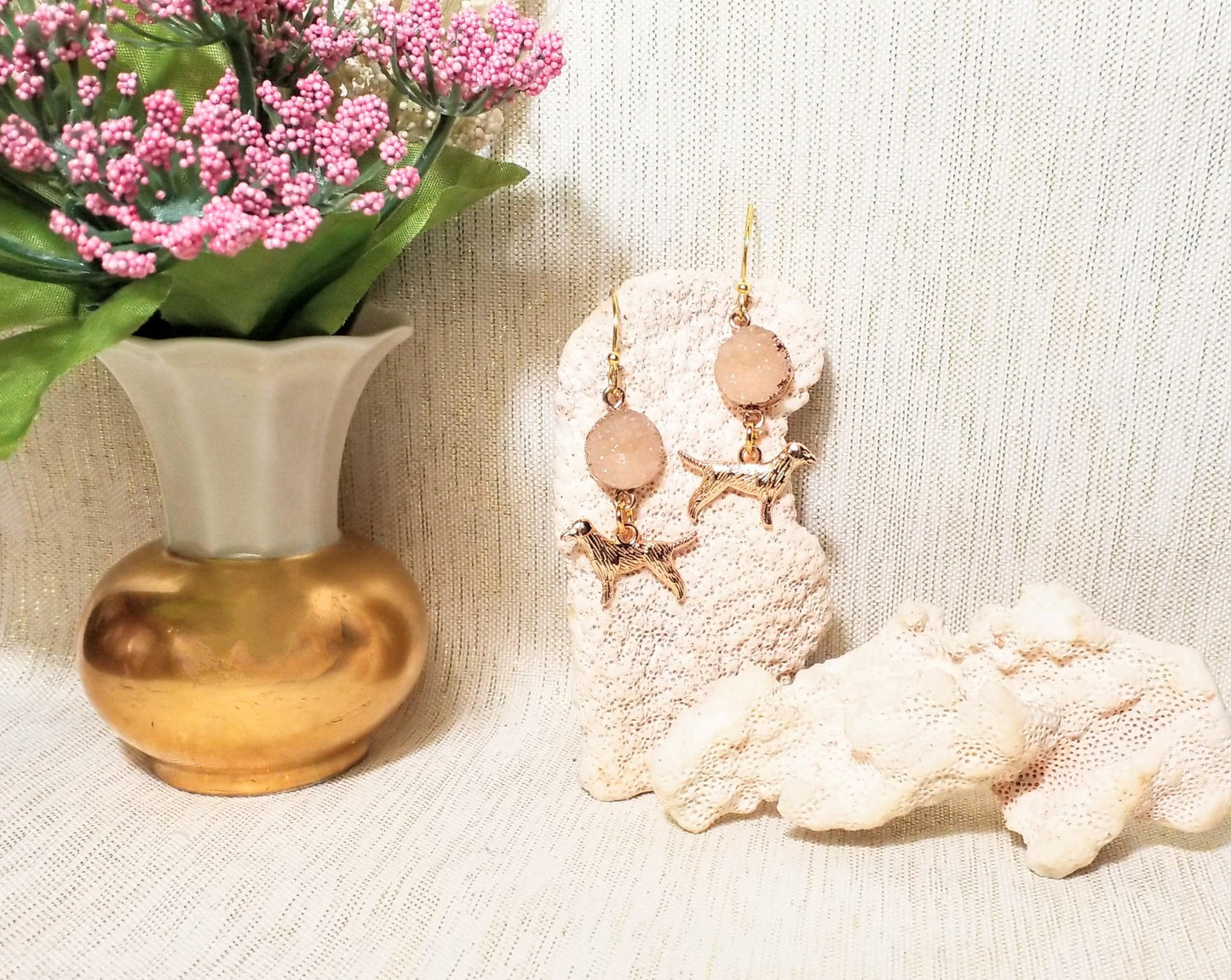 Handcrafted Golden Retriever Earrings, Faux Druzzy Charms