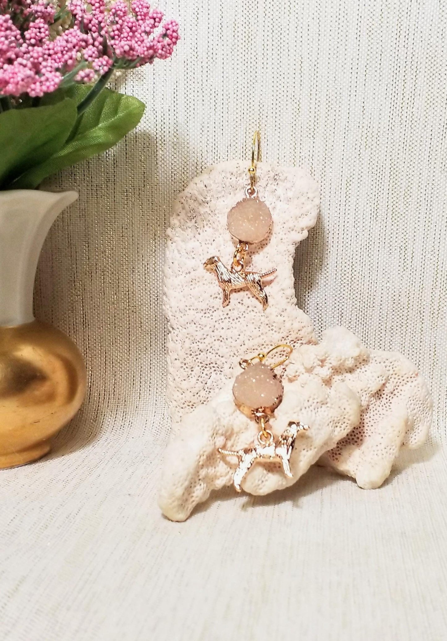 Handcrafted Golden Retriever Earrings, Faux Druzzy Charms