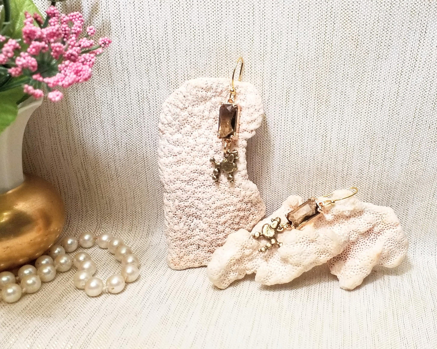 Handcrafted Crystal Earrings With Bronze Poodle Charms